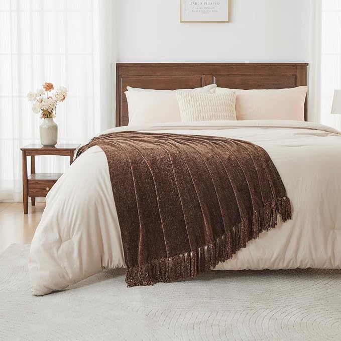 CozeCube Chenille Throw Blanket, Dark Brown Fringe Blanket, 50"X60" | For Couch, Cozy Plush Fuzzy Decorative Blanket with Fringe Tassels, Lightweight Throws for Bed Sofa Gift Home Decor