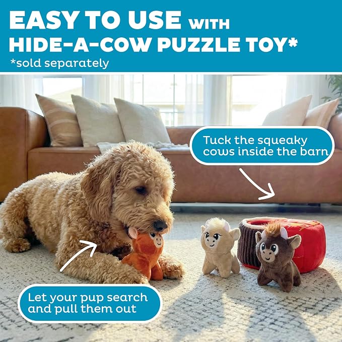 Outward Hound Squeakin’ Cows Dog Toy, Plush Highland Cow with Squeaker, Hide-A-Cow Replacement, Puppies & Small Dogs, 4.3”, 3-Pack