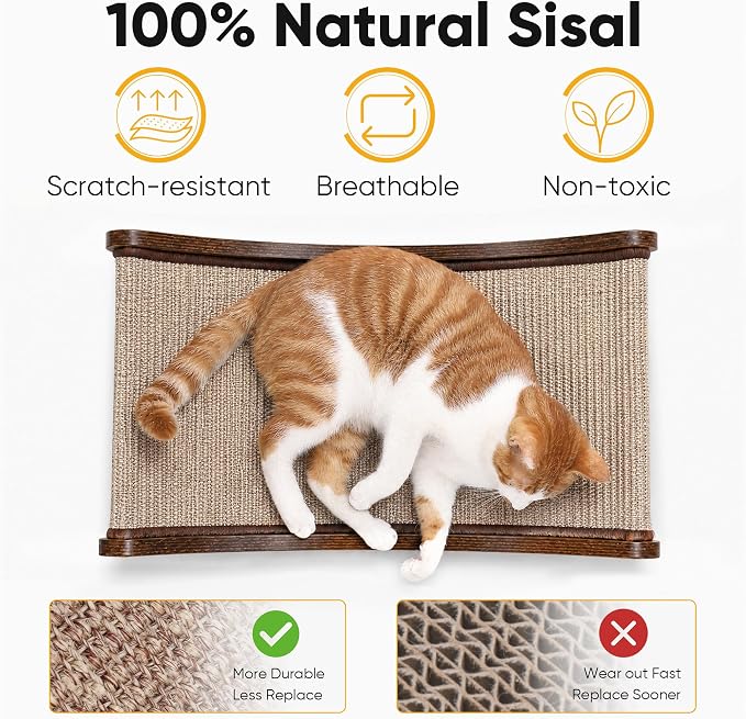 FUKUMARU Extra Large Sisal Cat Scratcher Bed Indoor Sturdy Wood Scratch Bed | 27.4 Inch Large Cat Scratching Bed Scratch Pad, 100% Natural Sisal Cat Hammock, Solid Wood Frame Lounger Chair Sofa