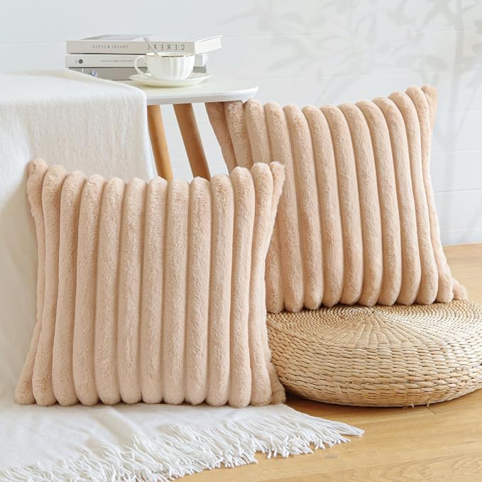 Soleebee Set of 2 Throw Pillow Covers Soft Cozy Velvet Pillowcase Faux Rabbit Fur Cover for Couch Sofa Bed Chair Home Decorative Pillows Cover (20x20 Inch, Camel)