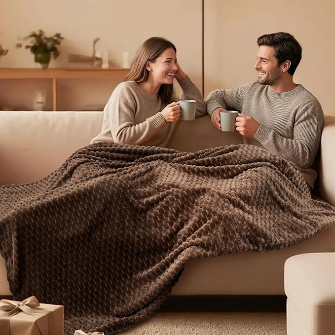 Vessia Flannel Fleece Throw Blanket(50x70 inch), 3D Jacquard Brown Fuzzy and Warm Blanket for Couch,Sofa,Bed,Chair, 300GSM Super Soft Touch Cozy Lightweight Throw for All-Season Home Decor