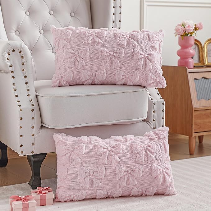 Mixweer Pink Bow Pillow Covers Set of 2 Preppy Room Decor Coquette Cute Spring Summer Decorative Faux Fur Soft Bowknot Stuff Fluffy Plush Aesthetic Pillowcase for Bed Sofa Couch (12 x 20 Inch)