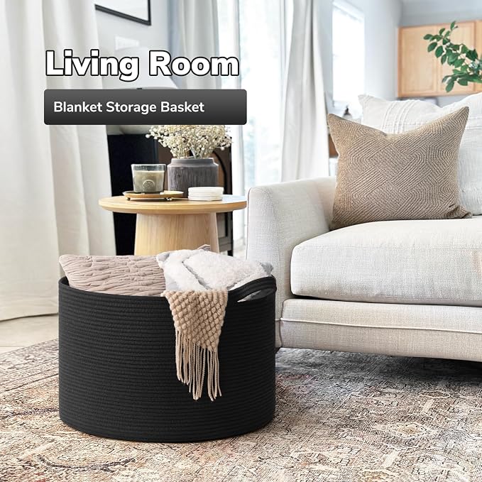 Goodpick 65L Large Woven Rope Basket for Blankets Living Room, 65L | 19.7 x 19.7 x 12.6 In Woven Basket for Storage, Kids Toy Storage for Playroom, Laundry Basket for Towels,Black