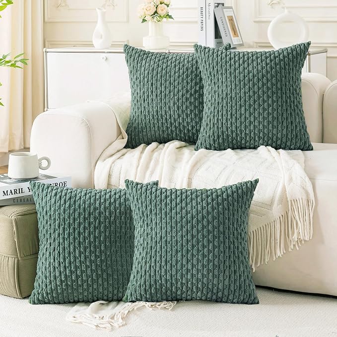 Set of 4 Teal Green Decorative Throw Pillow Covers 18x18 Inch Corduroy Pillow Covers for Bed Couch Sofa Living Room Soft Square Cushion Cases