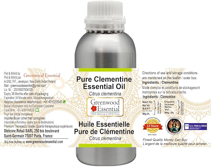Greenwood Essential Pure Clementine Essential Oil (Citrus Clementina) Steam Distilled 300ml (10.1 oz)
