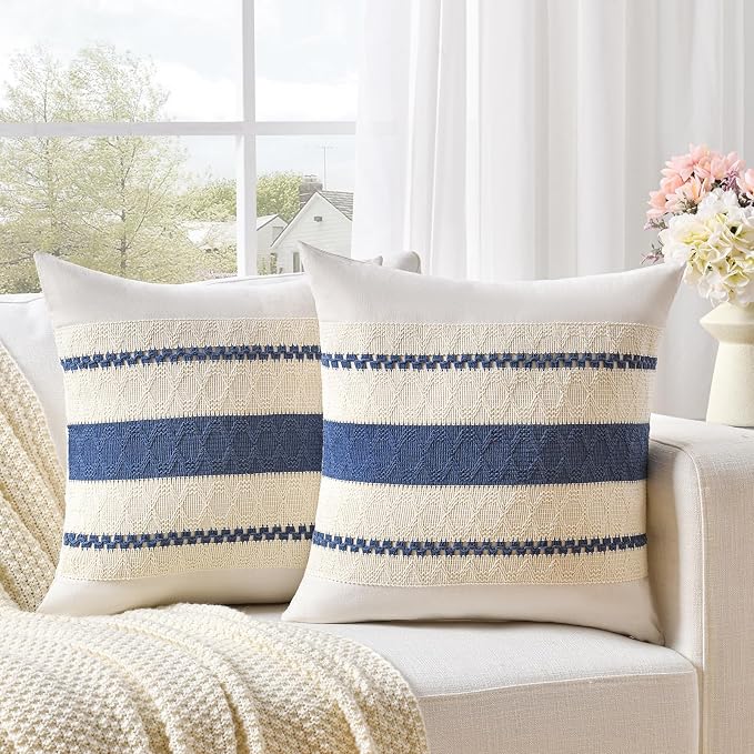 Fancy Homi Set of 1 Dusty Blue Vintage Decorative Throw Pillow Covers 18x18 Inch for Couch Bed Sofa Chair Bedroom, Rustic Retro Square Cushion Case, Modern Farmhouse Boho Living Room Decor Indoors
