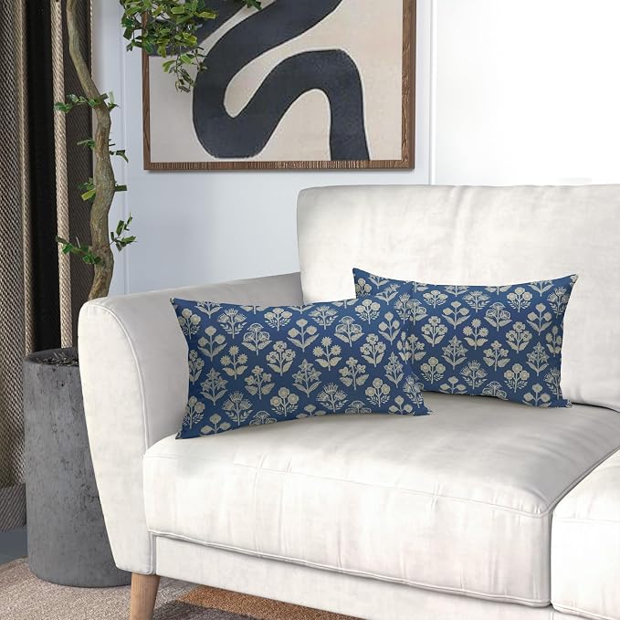 Blue Pillow Covers 12x20 Inch Set of 2, Cream Floral Block Print Pattern Lumbar Decorative Throw Pillowcases Outdoor Farmhouse Rectangle Cushion Covers Spring Summer Sofa Couch Bed Decor