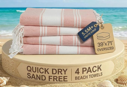 LANE LINEN Beach Towels 4 Pack - Beach Towels Oversized, Pre-Washed Extra Large Beach Towel, Quick Dry, No Sand Beach Towel, Pool Towels for Adults, 39"x71" - Quartz Pink