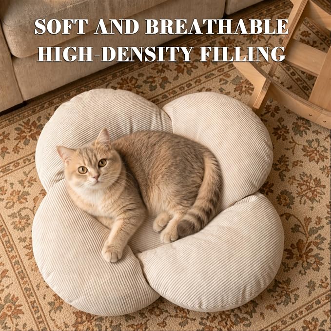 Elevated Flower Cat Bed Wooden Removable Cushion for Indoor Cats Small Dogs | Pet Couch Sofa with Fluffy Cushion, Raised Kitty Lounge Chair Suitable for Puppy, Modern Cat Furniture (White)