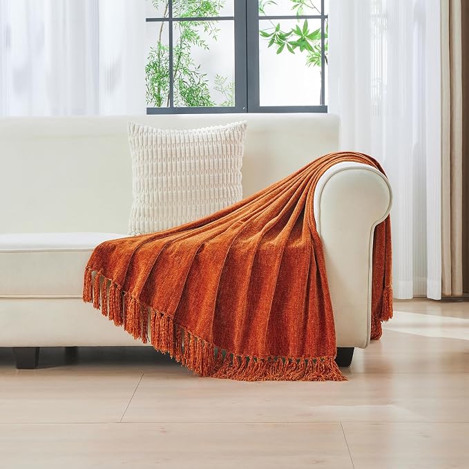 CozeCube Chenille Throw Blanket, Rust Orange Fringe Blanket, 50"X60" | For Couch, Cozy Plush Fuzzy Decorative Blanket with Fringe Tassels, Lightweight Throws for Bed Sofa Gift Home Decor