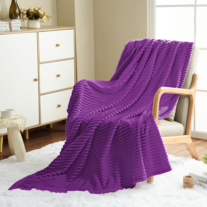 Vessia Flannel Fleece Throw Blanket for Couch,Sofa,Bed, 300GSM Striped Purple Blanket for Adults and Kids, Super Soft Warm Cozy Lightweight Ribbed Throw for All-Season