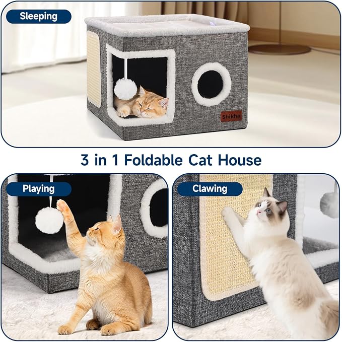 Shikha Cat House Bed for Indoor Cats with Fluffy Ball and Scratch Pad Grey | Foldable Large Cat Cave Hideaway with Cozy Condo, Hide and Seek Window, Holds Up to 30LBS, All Season Reversible Cushion