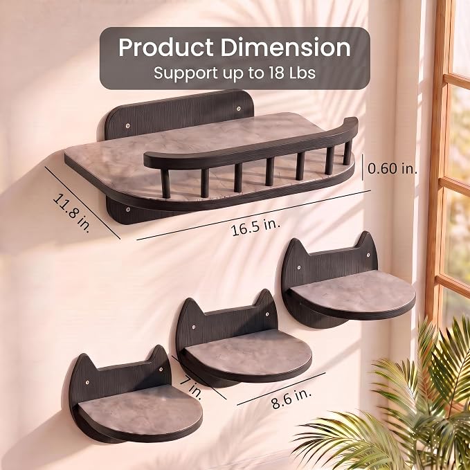 Cat Wall Shelves, Floating Bed with 3 Cat Wall Steps - Black | Pre-Drilled Anchor Kit for Easy Mount, Cozy Spot for Climbing & Play, Indoor Cats up to 18 lbs, Solid FSC Birch Wood