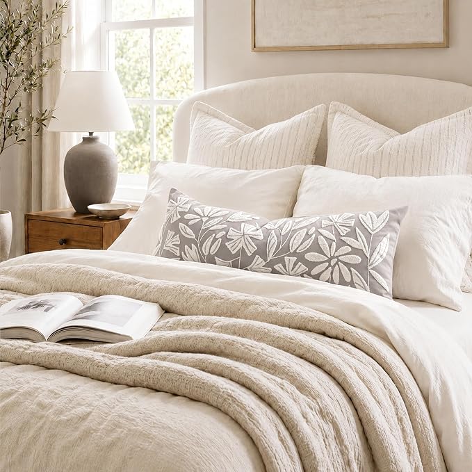 Long Lumbar Pillow Cover 14x36 for Bed, Light Gray Floral Tufted Velvet Accent Oversize Throw Pillowcase for Bedroom, Cover Only