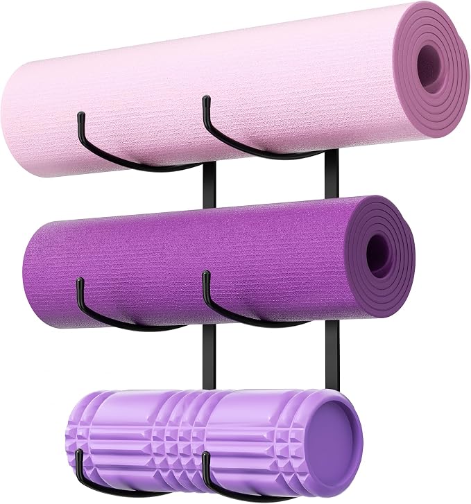 Yoga Mat Holder Wall Mount, 3-Tier Storage Rack for Yoga Mat, Foam Roller, Block, Yoga Accessories, Wall Organizer for Home Gym, Gym, Workout Room, Metal, Black