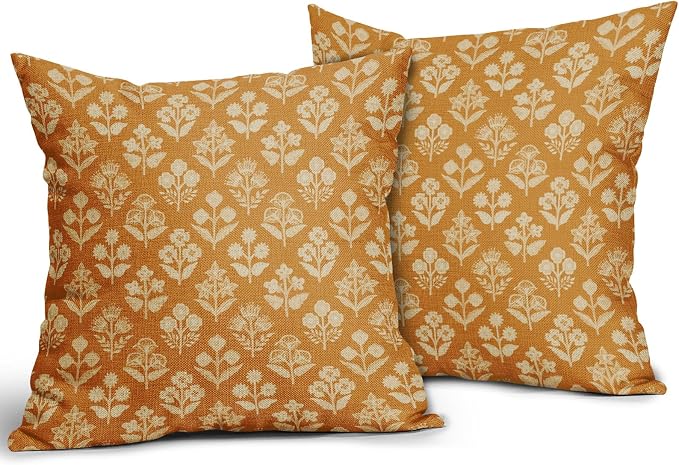 Mustard Yellow Floral Block Print Pillow Covers 18x18 Inch Set of 2, Vintage Flower Pattern Decorative Throw Pillowcases Outdoor Farmhouse Cushion Covers Spring Summer Rustic Sofa Couch Bed Decor