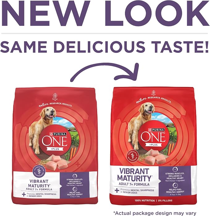 Purina ONE Plus Senior Dry Dog Food, Adult 7+, 8 lb Bag | Vibrant Maturity formula for mature 7+ dogs, real chicken as the first ingredient, promotes metal sharpness in senior dogs
