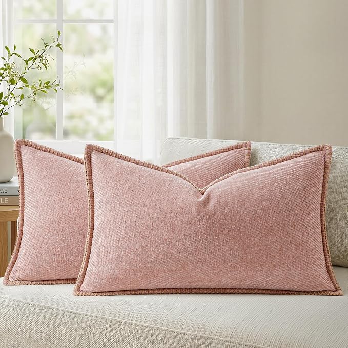 a moment Pack of 2 Decorative Chenille Throw Pillow Covers with Twill Cushion Covers for Sofa Living Room Couch Bed 20x12 Inch,Crafted Border Blush Pink