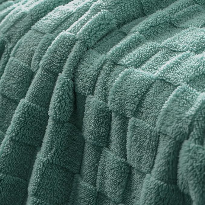 Exclusivo Mezcla 3D Checkered Fleece Queen Blanket for Bed, Celadon | Super Soft and Cozy Fluffy Blanket, Lightweight, Breathable, Decorative Blanket for Living Room, Bedroom, All Season, 90"x90"