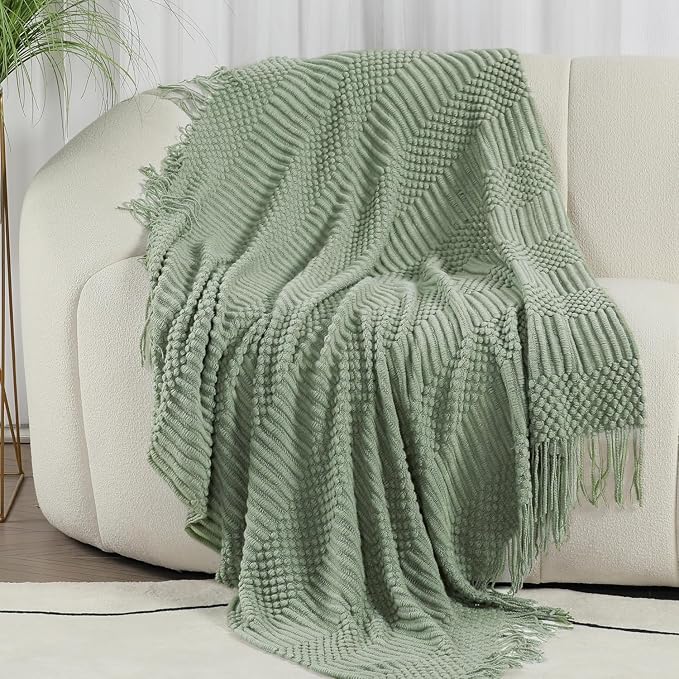 Blagic Soft Knitted Throw Blanket for Couch and Bed,Sage Green,60"x80" | Lightweight and Cozy,Farmhouse Boho Blanket with Tassel,Decorative for Living Room,Gifts for Adults,All Season Use