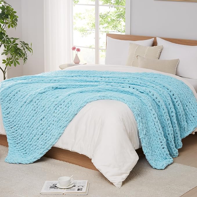 L'AGRATY Chenille Chunky Knit Blanket, Light Blue, 60x80, Heavyweight Throw Blanket for Home Decor | Handmade Chenille Crochet Blanket for Sofa Bed, Thick Cable Knitted Blankets for Room Home Decor, Birthday Gift for Women Mom