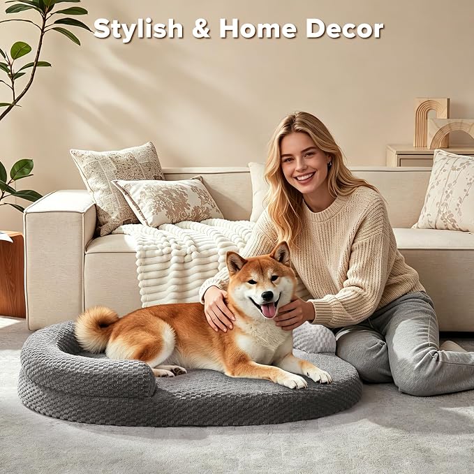 JOEJOY XXL Orthopedic Dog Beds, Extra Large Washable Waterproof Oval Dog Bed with with Removable Cover, Egg-Crate Memory Foam Pet Bed with Bolster Sides & Non-Skid Bottom, Dark Grey, 48''x35''