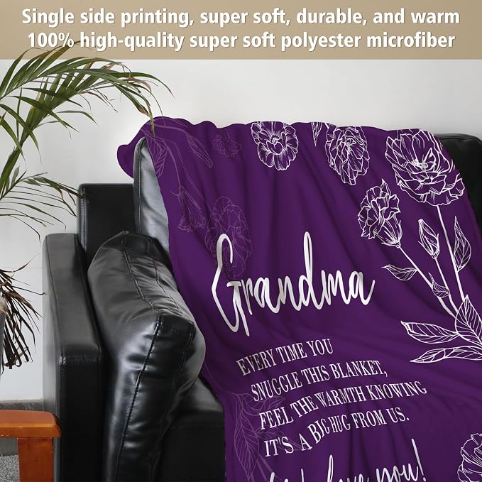 GiltGlimmer Grandma Gifts, Grandma Floral Blanket 80" x 60", Purple | Birthday Gifts for Grandma from Grandkids, to My Grandmother Soft Flannel Throw Blanket for Christmas Mothers Day