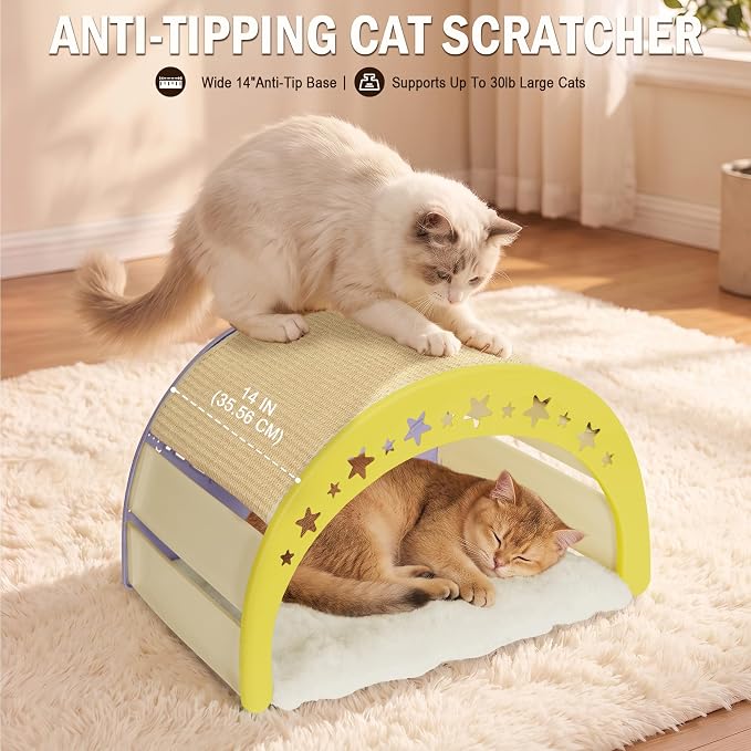Cat Scratcher Bed, 3 in 1 Design-Bed, Scratcher, Hideaway Cave | with Elevated Sisal Pad & Reversible Fleece Mat,Sturdy HDPE Lounge for Indoor Cats, Tool-Free 30s Assembly, Supports 30 lbs