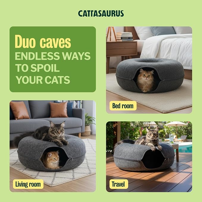 Peekaboo Cat Cave Duo Jumbo Set, Extra Spacious Cat Donut for Multiple & Large Kitty 15+ lbs, Scratch Detachable Cat Beds for Indoor Cats, Washable Cat Tunnel Bed, Best Kitten Toys