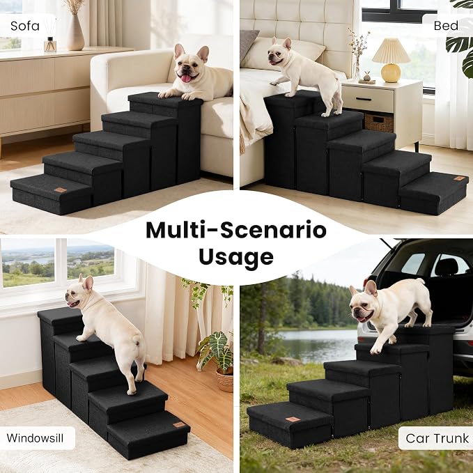 Love's cabin Dog Stairs for High Bed, Foldable Pet Stairs for Small Medium or Large Dogs Puppy with Storage for Bed or Couch, Cat Dog Steps Ramp with Zip up to 200 lbs, Black, 5 Steps