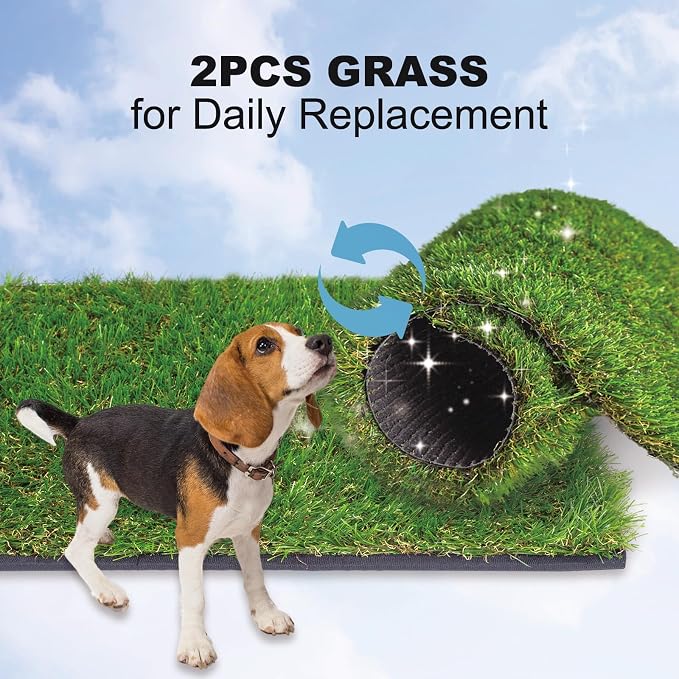 HQ4US 4LEGS Dog Grass Pad with Tray, Dog Litter Box with Artificial Grass | Medium Grass Pee Pads for Indoor Dogs Potty Tray with Grate, Turf Grass Hemmed Edge, Realistic, Less Stink Toilet for Balcony