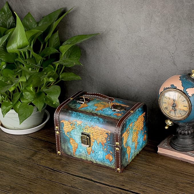 ELLDOO Decorative Treasure Chest Box, Wooden + PU Leather Storage Box for Jewelry Trinkets, Keepsakes box for Girls Women Gifts (Green Map Pattern)