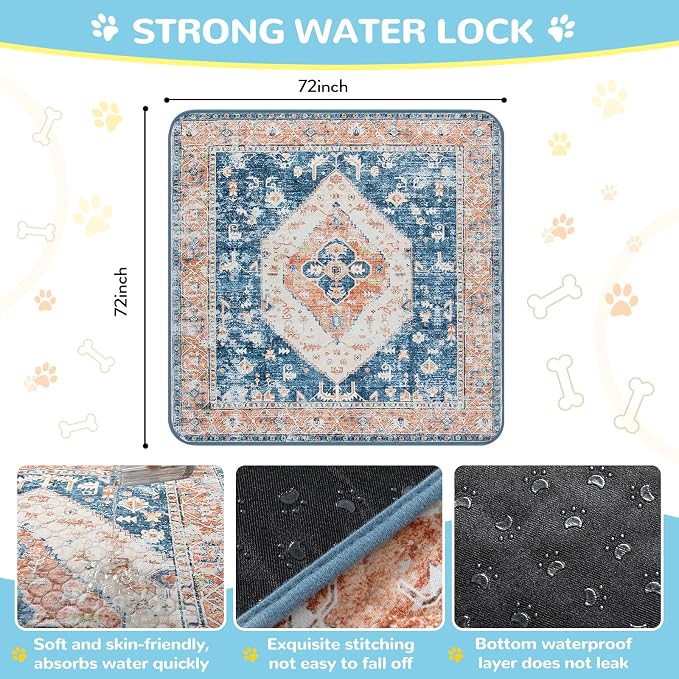 Lahome Extra-Large Washable Dog Pee Pads (72"x72") - Super Absorbent & Waterproof - Leakproof Reusable Mat for Playpens, Beds & Whelping , Convenient Cleanup,Beige Blue