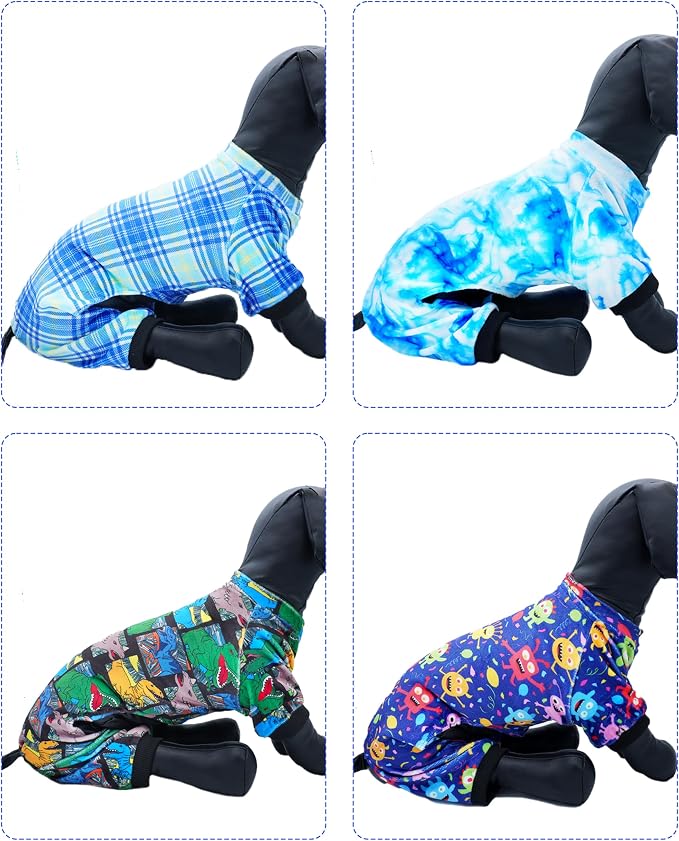 PET SHOW 4 Pack Boy Fleece Dog Pajamas Warm for Extra Small Dogs | Soft stretchy dogs onesies,male blue pjs with sleeve,holiday jumpsuit costume for small pets cats,XS