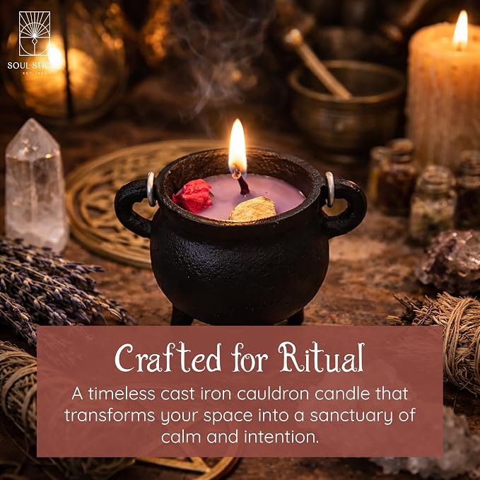 Reusable 4-Inch Cast Iron Cauldron Candle with Lid and Hanging Handle | Ritual & Aromatherapy Candle for Spell Casting, Smudging, Home Cleansing | Herb-Infused with Essential Oils (Lavender)