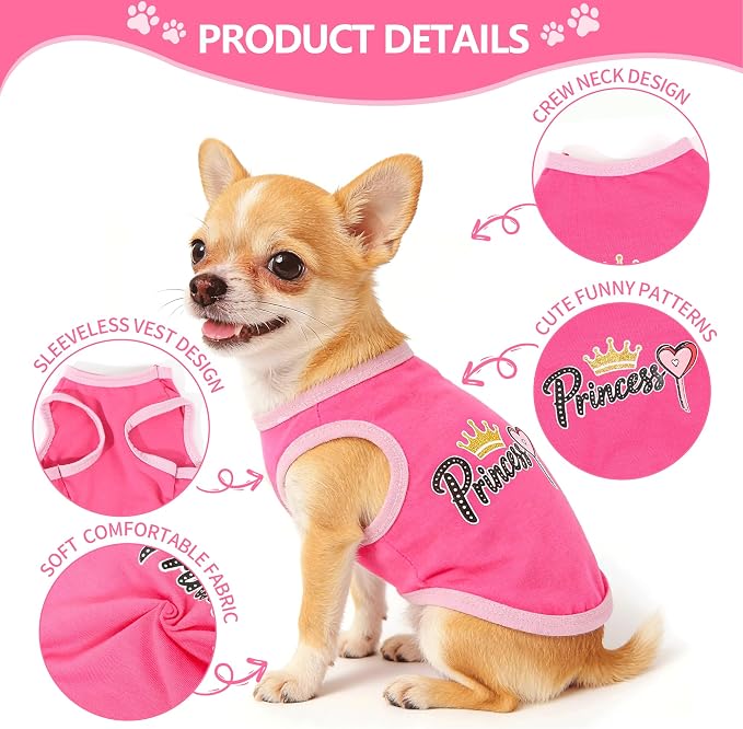 3 Pieces Dog Clothes for Small Dogs Girl Summer Dog Shirts Cute Printed Puppy Tshirts Pet Outfits Apparel, Medium, Pink, Rose, Purple