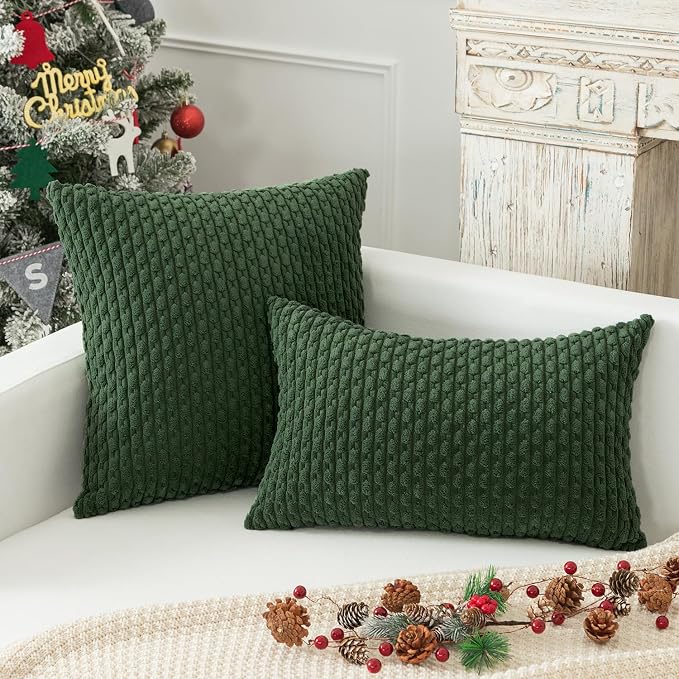 Kevin Textile Soft Corduroy 14"x24" Lumbar Pillow Cover 1 Pack, Dark Green | Boho Stripe Plush Corduroy Decorative Oblong Cushion Cover Modern Farmhouse Home Decor for Sofa Couch Bed Chair