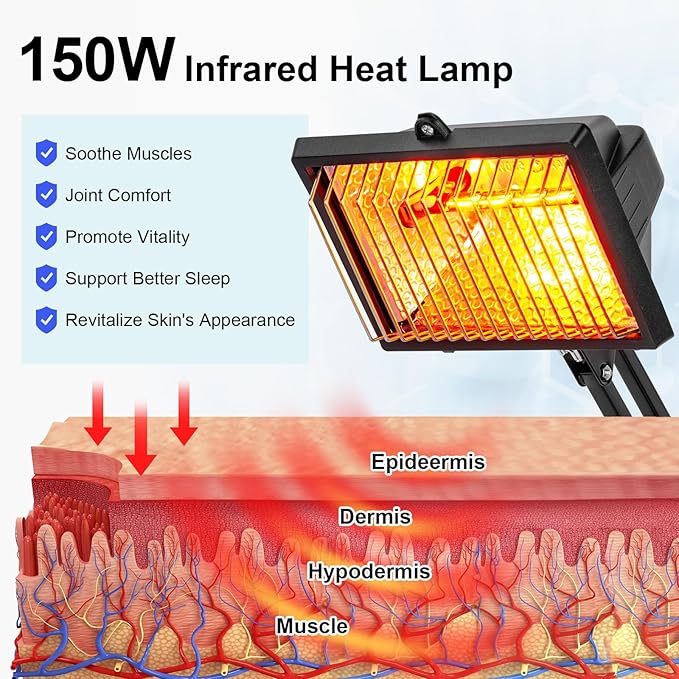 Infrared Light Heat Lamp, 150W Near Infrared Lamp Set for Body Muscle Neck Shoulder Joints Back Pain Relief, Heat Lamp Device with Adjustable Sturdy Stand Timer