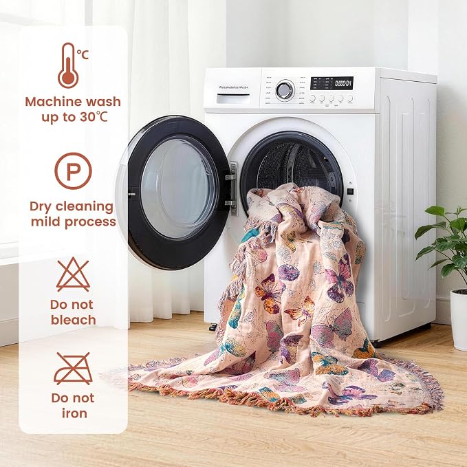 MSGKV Boho Throw Cotton Butterfly Blanket 60"x80" for Couch Sofa Decor | Muslin Blanket, Twin Size, Summer Breathable, All Seasons, Lightweight, Travel Friendly, Farmhouse Decor, Machine Washable