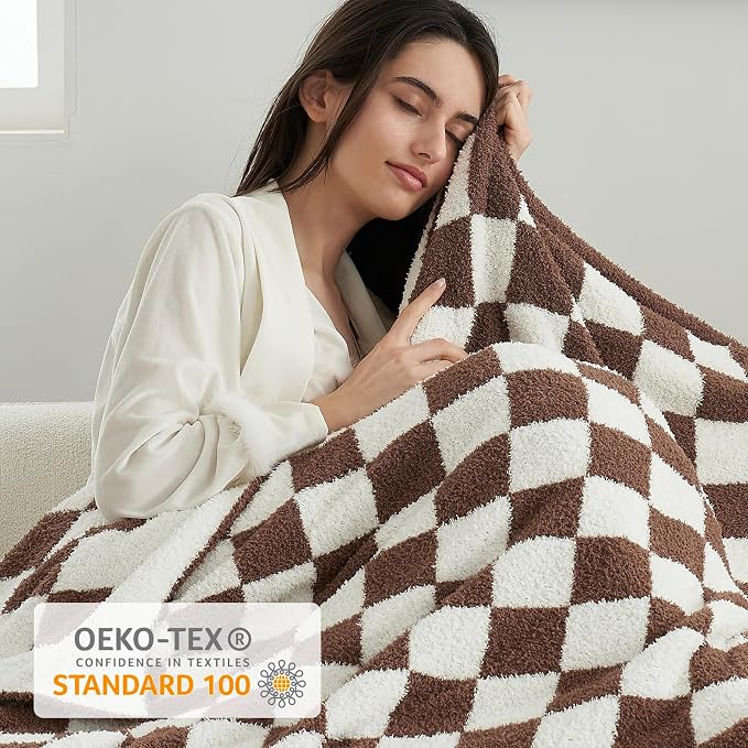 Snuggle Sac Checkered Throw Blanket for Couch, Super Soft, Cozy Warm Knit Blankets, Reversible Plaid Fluffy Throws for Sofa, Bed, Checkered Brown, 50x60 Inches
