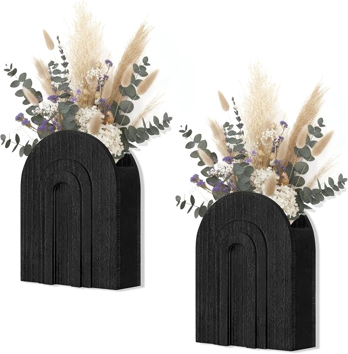2 Pack Black Wooden Wall Vase for Pampas Grass and Dried Flowers | Wall hanging vase set for faux greenery and eucalyptus; black boho wall decor for bedroom, hallway, entryway or living room
