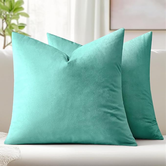 MIULEE Velvet Throw Pillow Covers 20x20 Inch Pack of 2 Aqua Green | Soft Solid Decorative Pillow Covers, Modern Luxury Home Decor, for Couch Chair Sofa Bedroom Livingroom