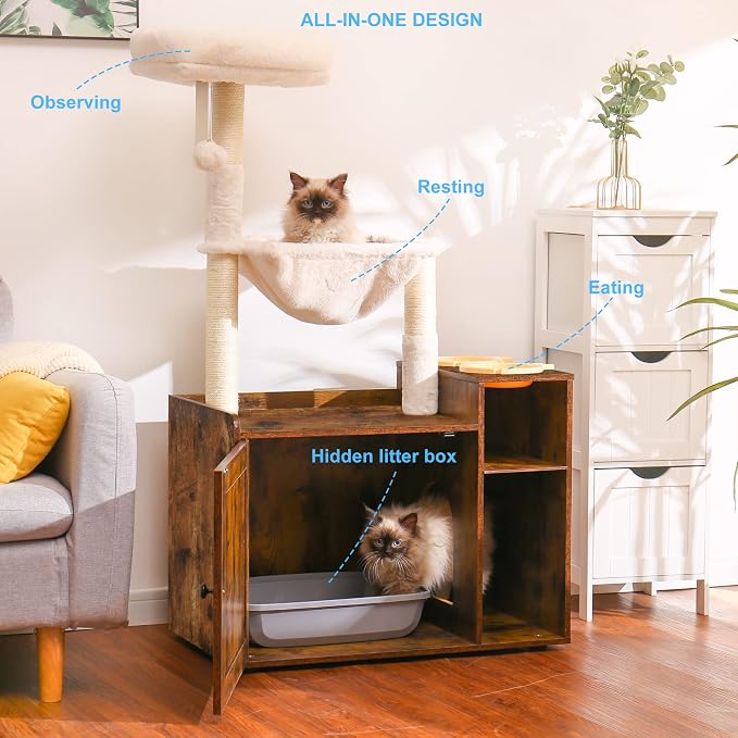 Hey-brother Cat Tree Tower, Food Station, XL Litter Box Enclosure, MPJ101SR | 48.81 Inches Wooden All-in-one Cat Furniture, Large Hammock, Bed, Scratching Posts, Big Basket for Indoor Cats, Rustic Brown