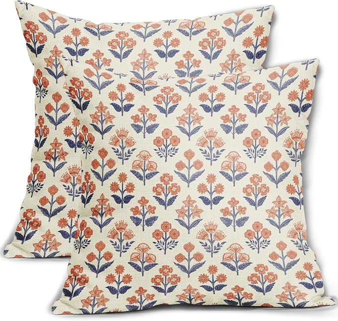 Navy Blue Orange Floral Block Print Pillow Covers 24x24 Inch Set of 2, Fall Vintage Flower Pattern Decorative Throw Pillowcases Outdoor Farmhouse Cushion Covers Seasonal Rustic Sofa Couch Bed Decor