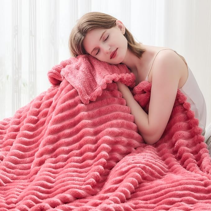 NEWCOSPLAY Fleece Ribbed Cozy Throw Blanket for Couch, Coral Pink, 50"x60" | Premium Silky Flannel Blanket, Soft Lightweight Fluffy Throw Blanket for Bed Sofa Decor, Gift for All Season Use