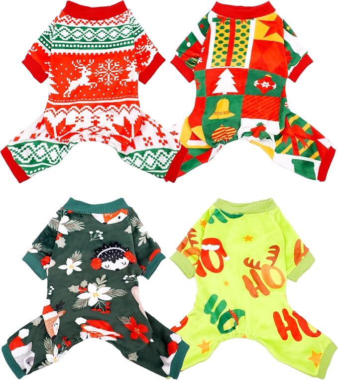 PET SHOW 4 Pack Christmas Fleece Dog Pajamas Warm for Small Dogs | Soft stretchy dogs onesies,boy girl pjs with sleeve,holiday jumpsuit costume for small pets cats,S