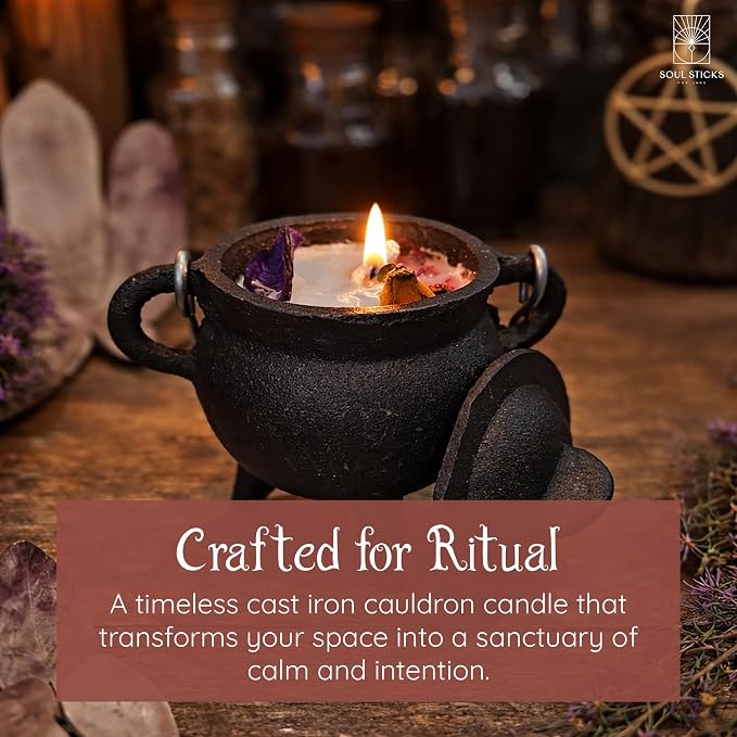 Reusable 4 Inch Cast Iron Cauldron Candle with Lid and Hanging Handle for Spell Casting, Smudging, Ritual & Blessings Pot Belly Witchcraft Candle Aromatherapy Scented (White Sage)