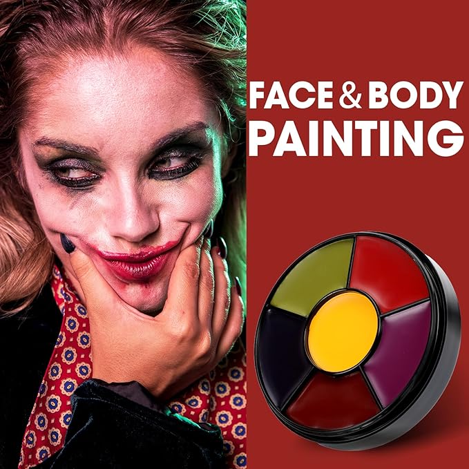 6 Colors Halloween Face Body Paint + 6pc Sponge + 3pc Brush, Yellow Purple Red Green Bruise Wheel for SFX Makeup, Face-Paint Body Paint Halloween Makeup Kit for Zombie Clown Joker Alien Witch Costume