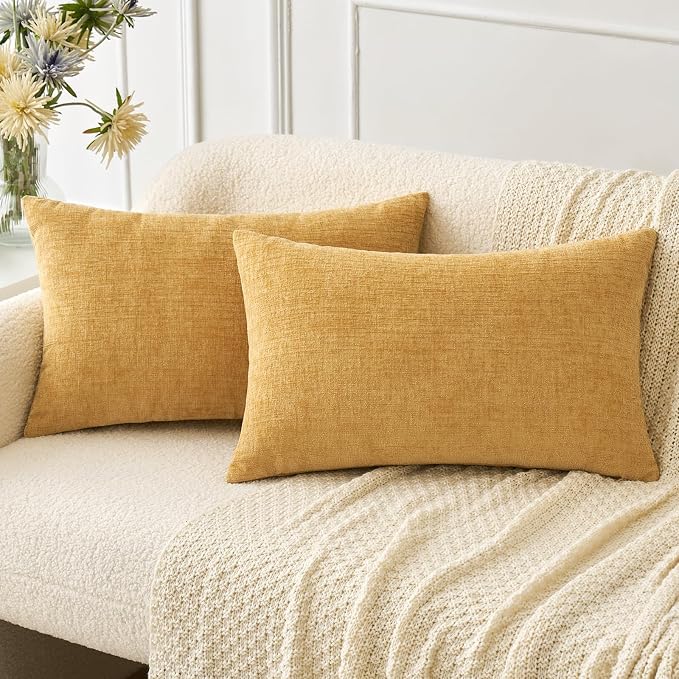 MIULEE Soft Chenille Lumbar Throw Pillow Covers Gold 12x20 Inch Pack of 2 | Modern Home Decor, Classic Decorative Pillows, Solid Dyed Cases, Boho Couch Cushion Covers for Sofa Bed Living Room