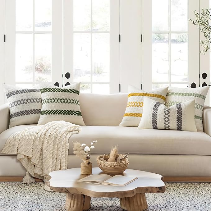 MIULEE Set of 2 Moss Green Boho Decorative Pillow Covers 18x18 Inch | Farmhouse Couch Throw Pillows, Modern Cotton Cushion Covers, Macrame Woven Spring Decor for Bed Sofa Chair